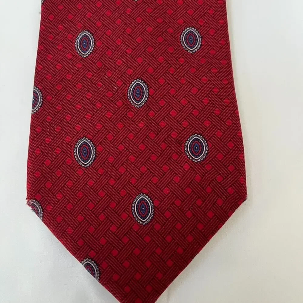 Vintage Christian Dior Mens' Red Silk Neck Tie All Over Print Fabric Woven Italy
